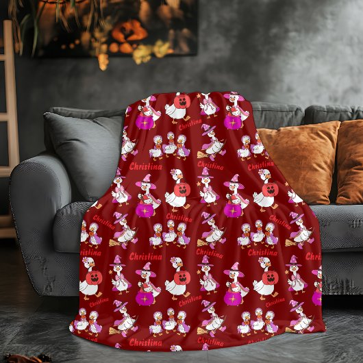 名前パーソナライズされた毛布かわいいガチョウのハロウィーン フリースブランケット