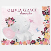 名前パーソナライズされた毛布と象+花 フリースブランケット (正面(横))