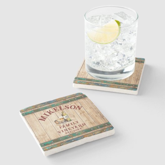 名前パーソナライズされた水カラーヴィンヤード木製バレル ストーンコースター (横)