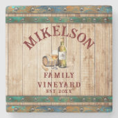名前パーソナライズされた水カラーヴィンヤード木製バレル ストーンコースター (正面)