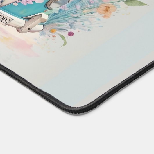 名前パーソナライズされた水彩レトロバス花 デスクマット (コーナー)