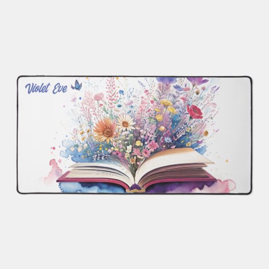 名前パーソナライズされた水彩本と花 デスクマット (正面)