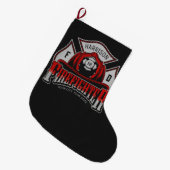名前パーソナライズされた消防士ヘルメット消防救助隊 ラージクリスマスストッキング (正面 (吊り時))