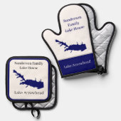 名前パーソナライズされた湖の矢印マップNavy Blue 鍋つかみ&鍋敷きセット (正面/裏面)