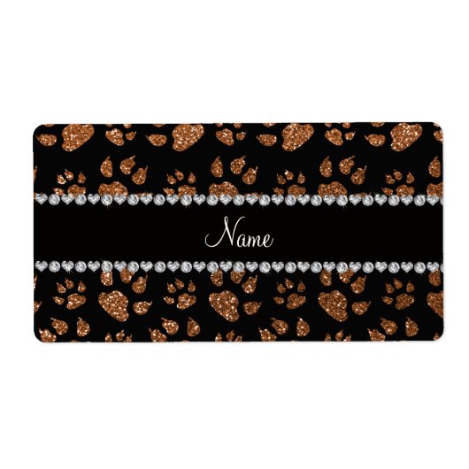 名前パーソナライズされた燃えた金ゴールドグリッター猫の足 ラベル (正面)