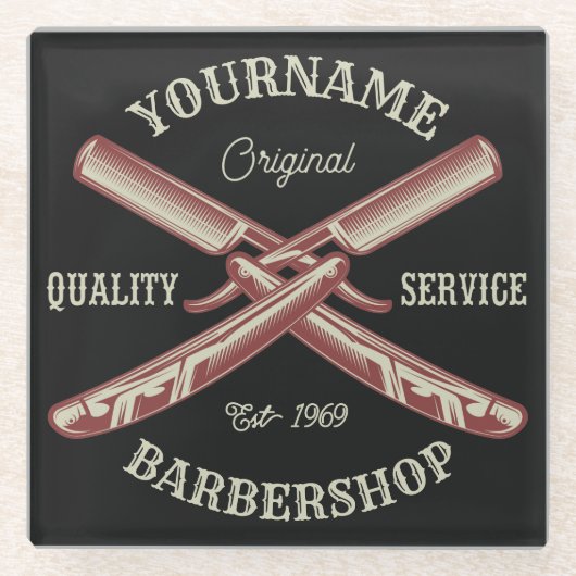 名前パーソナライズされた理容師ストレートカミソリ床屋 ガラスコースター (正面)