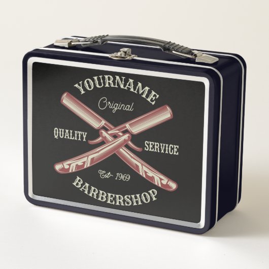 名前パーソナライズされた理容師ストレートカミソリ床屋 メタルランチボックス (正面)