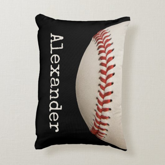 名前パーソナライズされた番号が黒の白野球 アクセントクッション (裏面(縦))