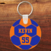 名前パーソナライズされた番号オレンジブルーサッカーボール キーホルダー (正面)