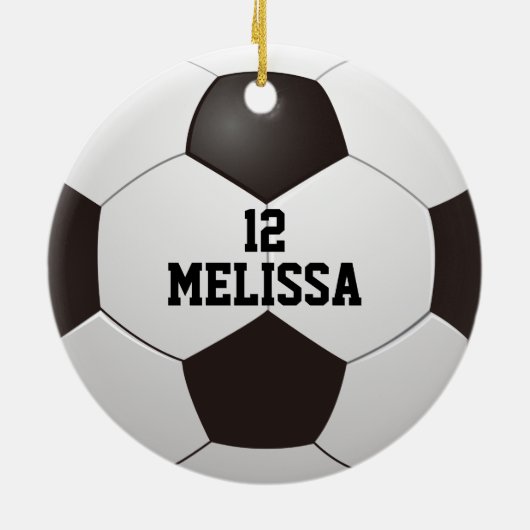 名前パーソナライズされた番号サッカーボール セラミックオーナメント (裏面)