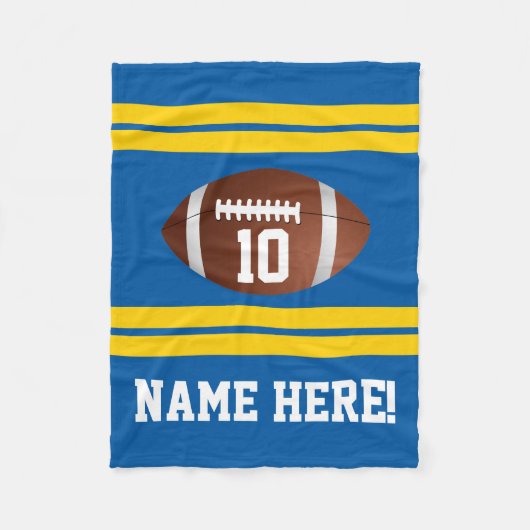 名前パーソナライズされた番号ブルー/イエロー金ゴールドサッカー フリースブランケット (正面)