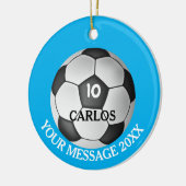 名前パーソナライズされた番号メッセージサッカーボール セラミックオーナメント (左)