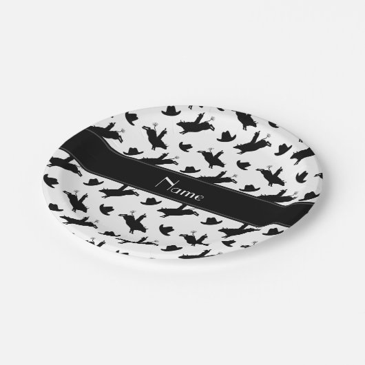 名前パーソナライズされた白いロデオ牛の乗馬パターン ペーパープレート (アングル)