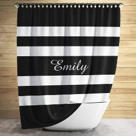 名前パーソナライズされた白黒のはっきりしたストライプ シャワーカーテン