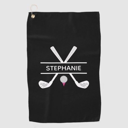 名前パーソナライズされた白黒ピンク ゴルフタオル (正面)