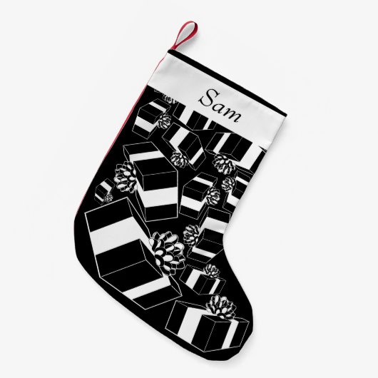 名前パーソナライズされた白黒 スモールクリスマスストッキング (正面 (吊り時))