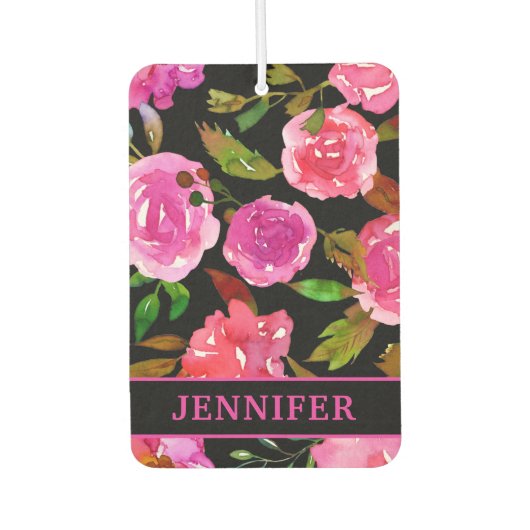 名前パーソナライズされた紫ガーリー水色フローラ カーエアーフレッシュナー (正面)