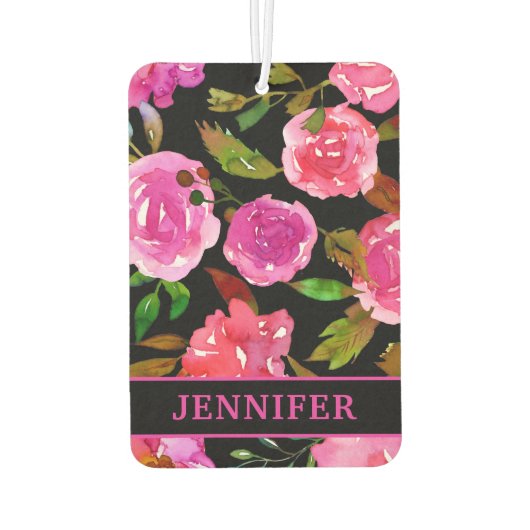 名前パーソナライズされた紫ガーリー水色フローラ カーエアーフレッシュナー (裏面)