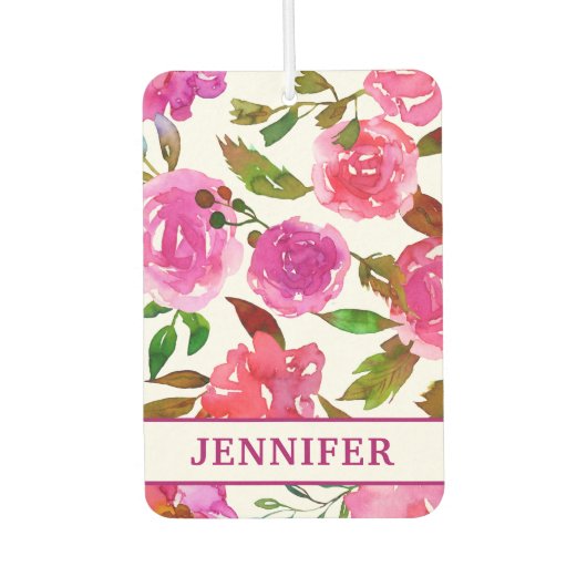 名前パーソナライズされた紫ガーリー水色フローラ カーエアーフレッシュナー (正面)