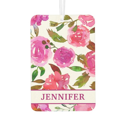 名前パーソナライズされた紫ガーリー水色フローラ カーエアーフレッシュナー (裏面)