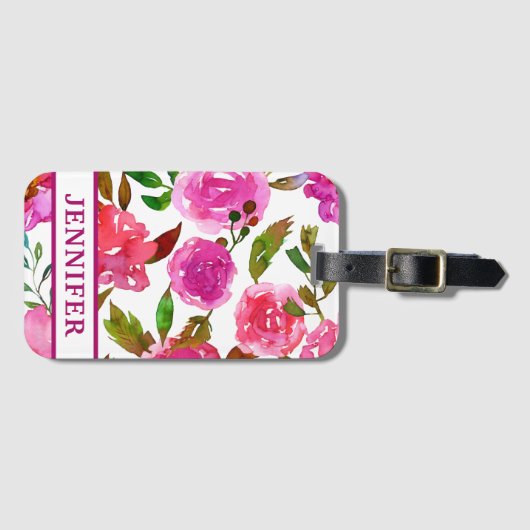 名前パーソナライズされた紫ガーリー水色フローラ ラゲッジタグ (正面横)