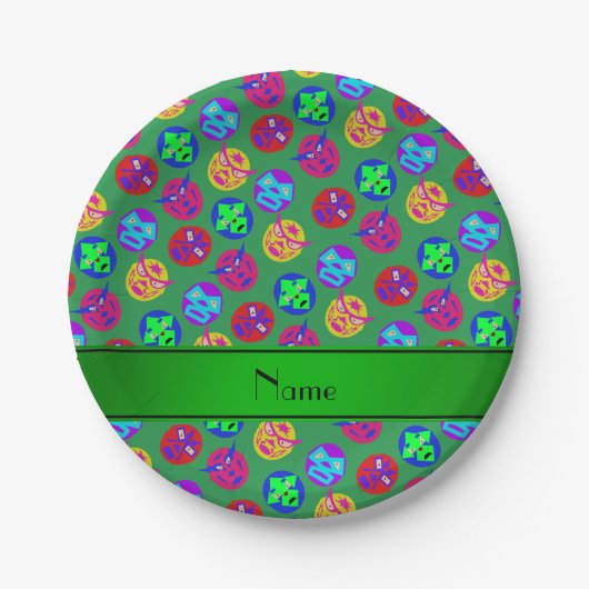 名前パーソナライズされた緑メキシコレスリングマスク ペーパープレート (正面)