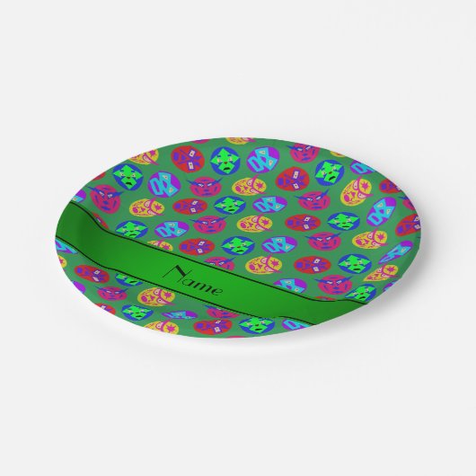 名前パーソナライズされた緑メキシコレスリングマスク ペーパープレート (アングル)