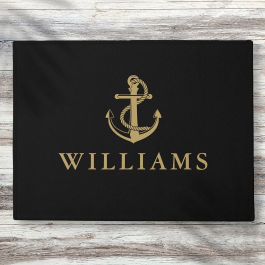 名前パーソナライズされた航海のいかりブラックと金ゴールド ドアマット