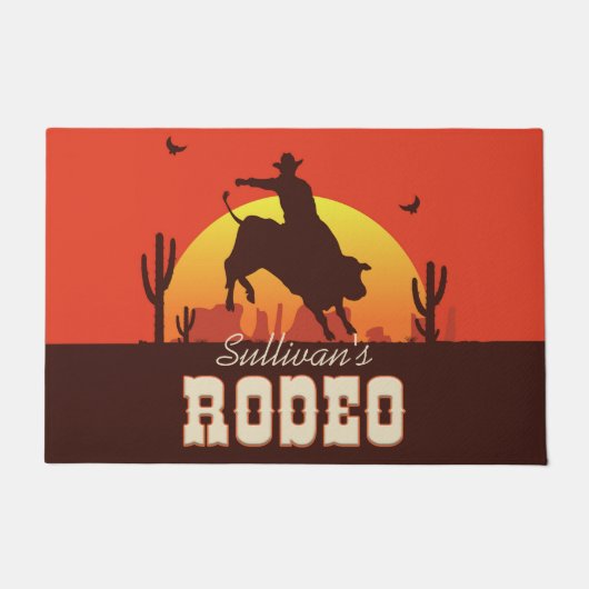 名前パーソナライズされた西カウボーイブルライダーロデオ ドアマット (正面)