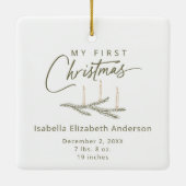 名前パーソナライズされた誕生統計初めてのクリスマス セラミックオーナメント (裏面)