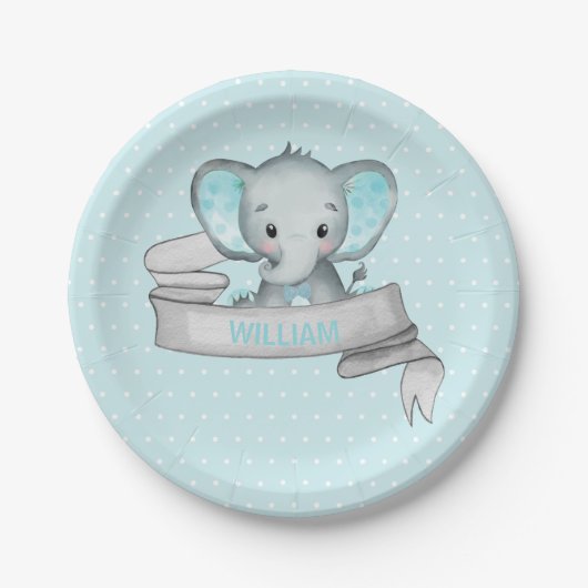 名前パーソナライズされた象男の赤ちゃんブルー&グレー ペーパープレート (正面)