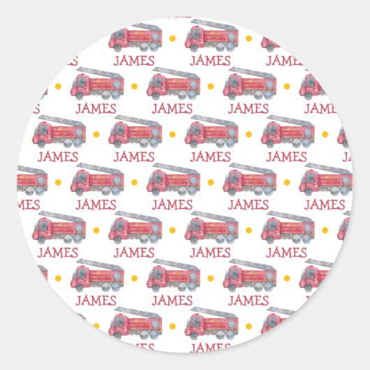 名前パーソナライズされた赤い消防車のパーティー ラウンドシール (正面)