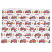 名前パーソナライズされた赤い消防車のパーティー ラージペーパーバッグ (正面)