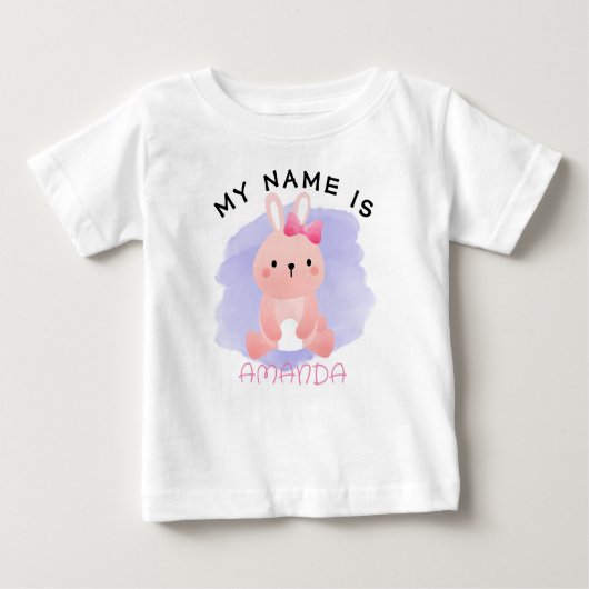 名前パーソナライズされた赤ちゃんシャワー水色うさぎ ベビーTシャツ (正面)