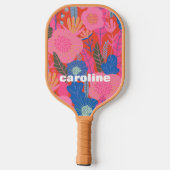 名前パーソナライズされた赤カラフルピンクフローラ ピックルボールラケット (裏面)