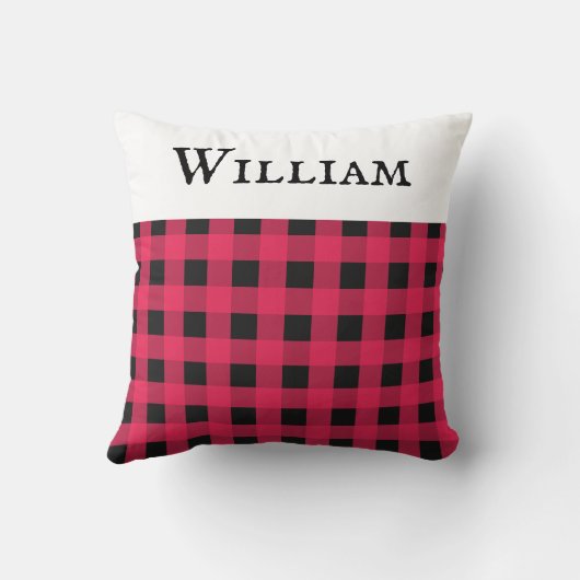 名前パーソナライズされた赤バッファロープレイドチェックパターン クッション (裏面)