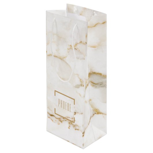 名前パーソナライズされた金ゴールドエフェクト大理石 ワインギフトバッグ (裏面アングル)