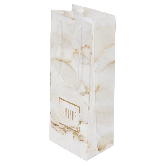 名前パーソナライズされた金ゴールドエフェクト大理石 ワインギフトバッグ (正面アングル)