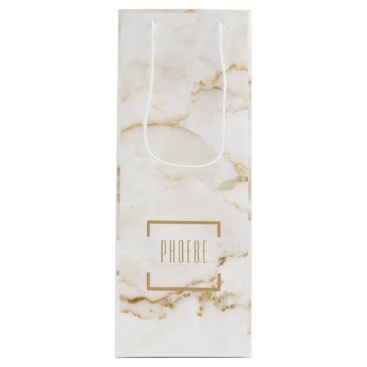 名前パーソナライズされた金ゴールドエフェクト大理石 ワインギフトバッグ (正面)