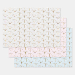 名前パーソナライズされた金ゴールドクロス《キリスト教》洗礼式や命名式バプティスマル ラッピングペーパーシート