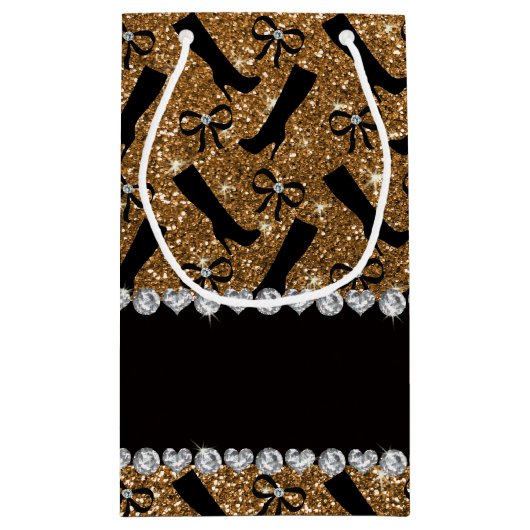 名前パーソナライズされた金ゴールドグリッターブーツ スモールペーパーバッグ (裏面)