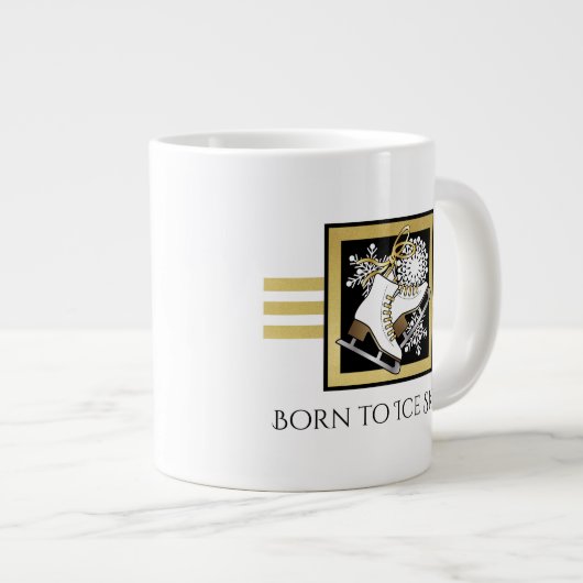 名前パーソナライズされた金ゴールド白黒氷スケートで滑る ジャンボコーヒーマグカップ (正面右)