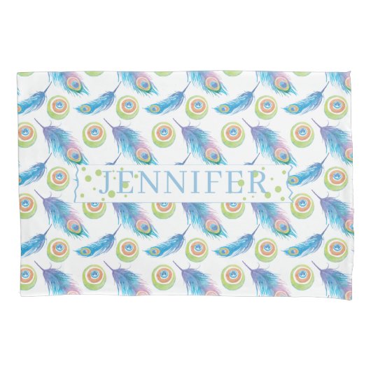 名前パーソナライズされた青い孔雀の羽の背景 枕カバー (正面)
