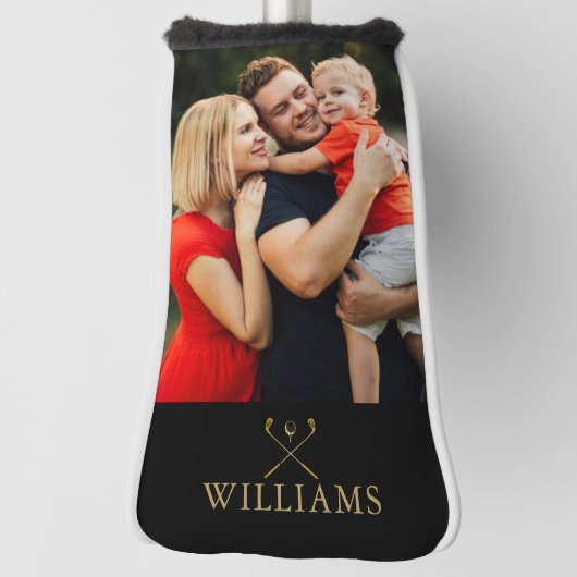 名前パーソナライズされた黒と金ゴールド写真 ゴルフヘッドカバー (回転90)