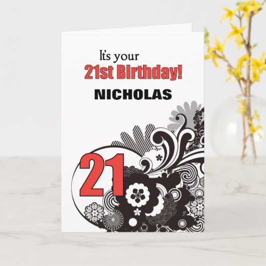 名前パーソナライズされた21歳の誕生日の宗教的な渦 カード (黄色い花)