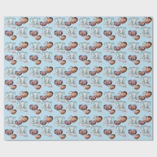 名前パーソナライズされた&フォトエレファント男の赤ちゃんブルー ラッピングペーパー (フラット)