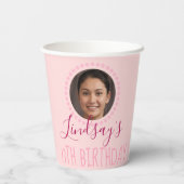名前パーソナライズされた&フォトピンクフローラ誕生日 紙コップ (裏面)