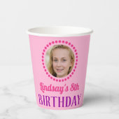 名前パーソナライズされた&フォトピンクフローラ誕生日 紙コップ (裏面)