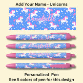 名前パーソナライズされた、青、ピンクの白いユニコーン 黒ボールペン