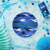 名前パーソナライズされたblue camouflage blueストライプ ペーパープレート (パーティー)
